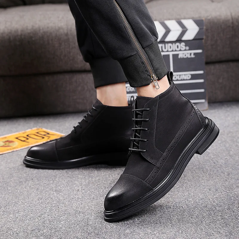 

Hight-top MEN'S SHOES Cowhide 2018 Autumn And Winter Leather Shoes High State Ozhouzhan England Martin Boots Retro Lace-up plus