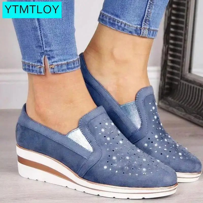 Г. Новые женские туфли на плоской подошве повседневные мягкие туфли на плоской подошве без застежки на низком каблуке женские лоферы, большие размеры 35-43 - Цвет: Blue