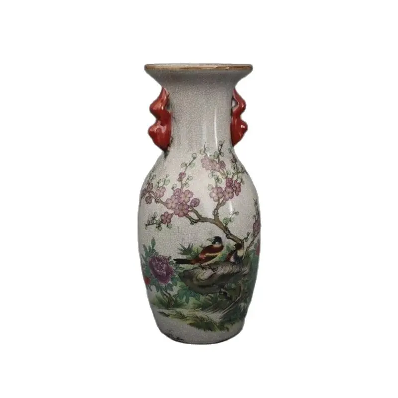

Chinese Old Porcelain Crack Glazed Flower And Bird Painting Bilateral Ears Vase