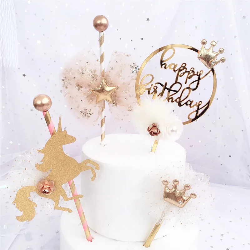 

New Unicorn Cake Topper Happy Birthday Gold Pearl Crown Acrylic Cake Topper For Kids Birthday Party Cake Decorations Baby Shower