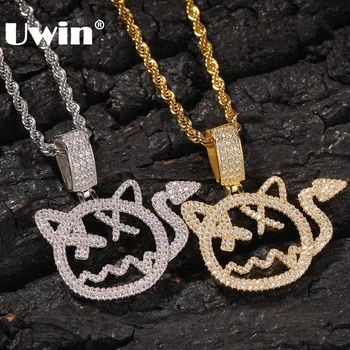 

UWIN Cute Charm Cat Face Pendant Necklace Hiphop Cubic Zirconia Gold Color Fashion Full Bling Bling Jewelry