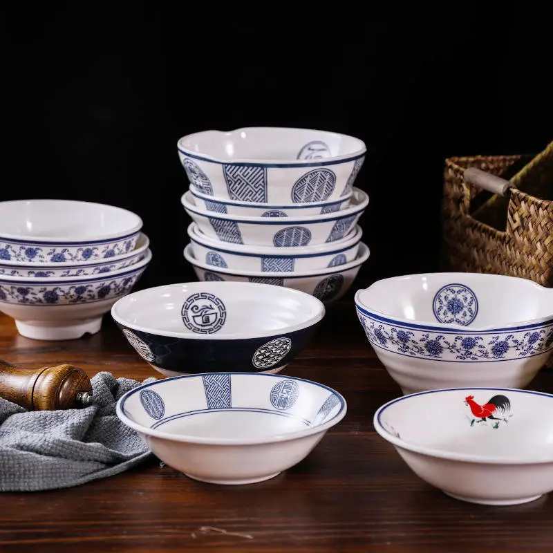 

Chinese Blue And White Porcelain Ramen Bowl Melamine Dinnerware Restaurant Soup Noodles Rice Fruit Holder Buffet Home Tableware