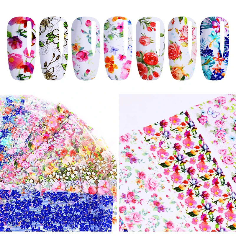 

10Pcs/Set Colorful Nail Foils Mixed Flower Pattern Nail Art Stickers Transfer Decals DIY Nails Decorations
