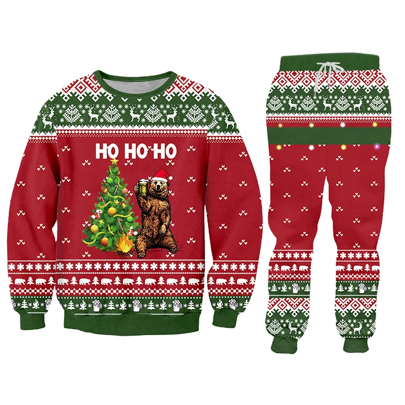 Christmas Sweaters Suit Men's Sets Trouser Oversize Custom Kids Clothes Pullover Sweetshirts Jogger Outfit Snowflake Dropship