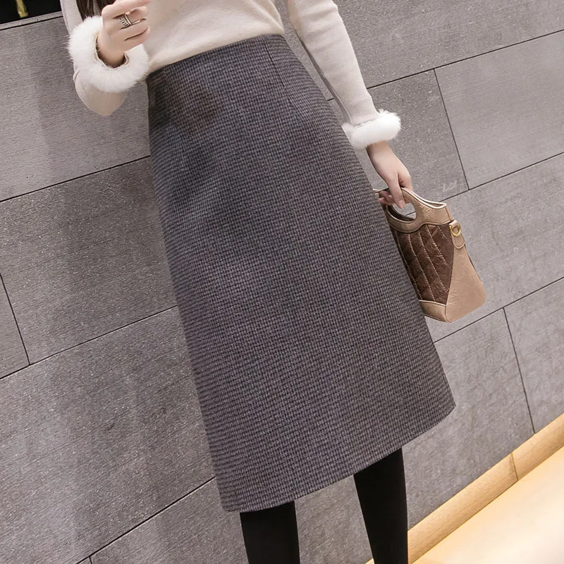 Women's Woolen Fabric Plaid Split Skirt Autumn Winter Female A-line Skirt Vintage High Waist New Knee-length Step Skirts ML268