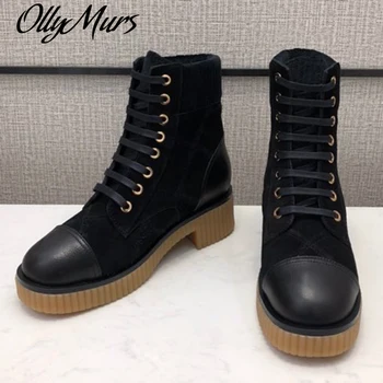

Ollymurs Square Heels Boots Autumn Winter Brand Design Round Toe Women Shoes New Luxury Lace-Up Ankle Men Boots
