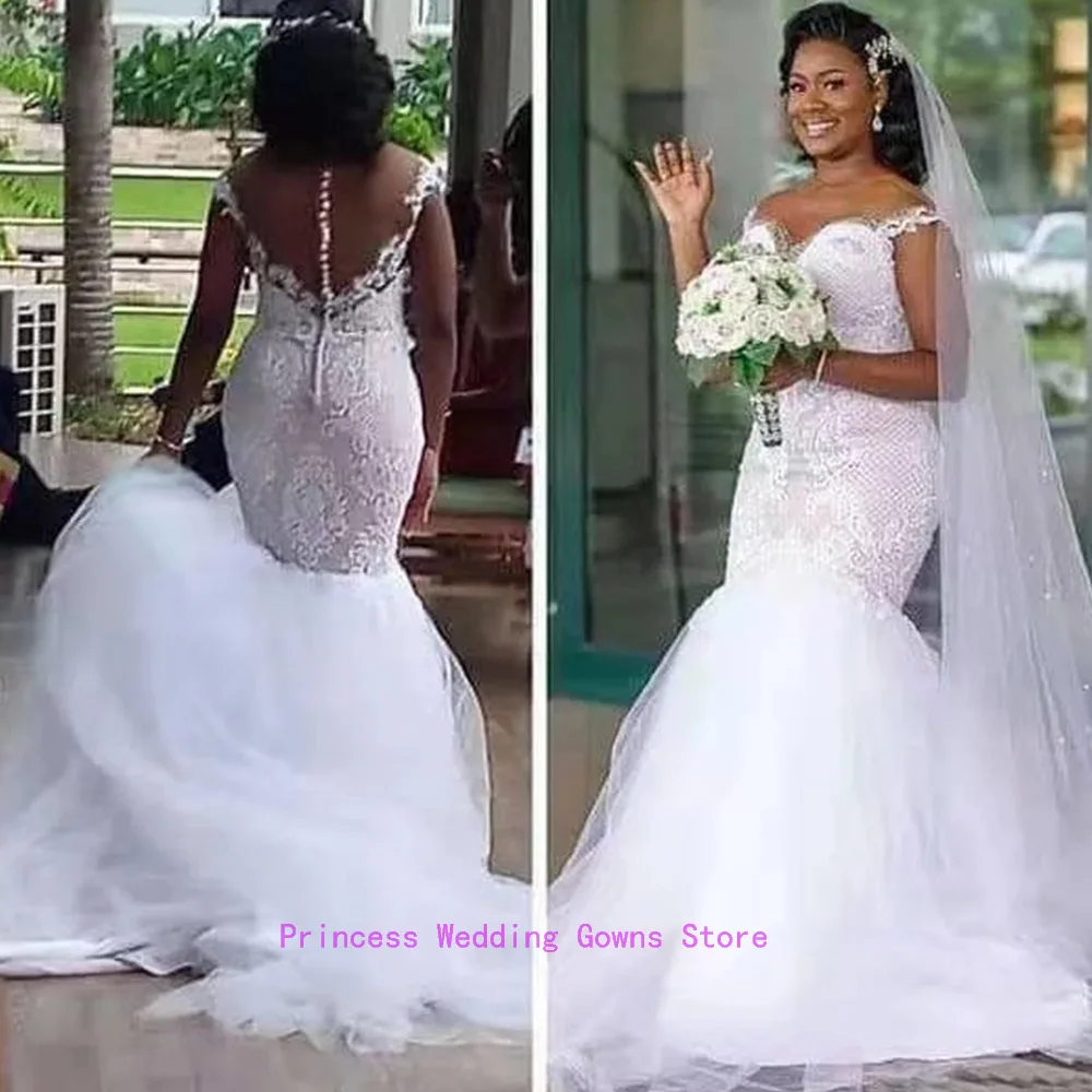 African White Bridal Gowns Mermaid Wedding Dresses For Woman Long Train Custom Vintage Button Back Plus Size Vestido De Novia 4