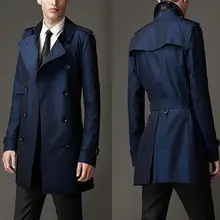 Синие мужские тренчи мужские пальто средней длинны Мужская двубортная одежда slim fit пальто с длинным рукавом дизайнер
