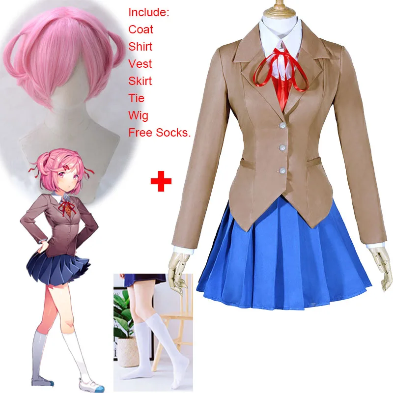 thumbnail image 1 of Disfraz de Natsuki para cosplay de Doki Doki Literature Club Peluca y uniformes escolares de Natsuki Disfraz de DDLC Trajes de colegiala para mujer, 1 of 5