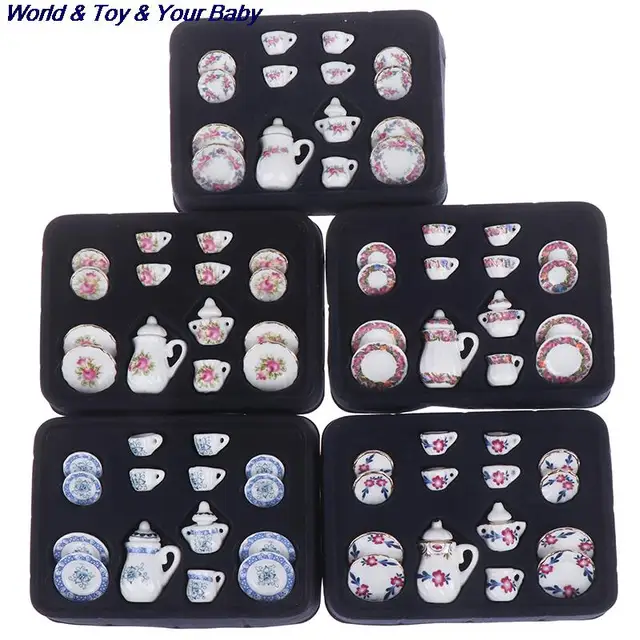 15Pcs 1:12 Miniature Porcelain Tea Cup Set Chintz Flower Tableware Kitchen Dollhouse Furniture Toys For Children 1