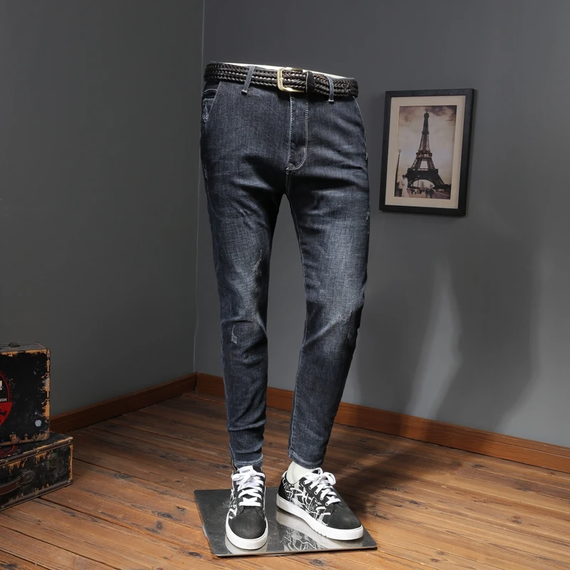 Зимние Для мужчин высокое качество теплая Slim Fit синие джинсы HJ03