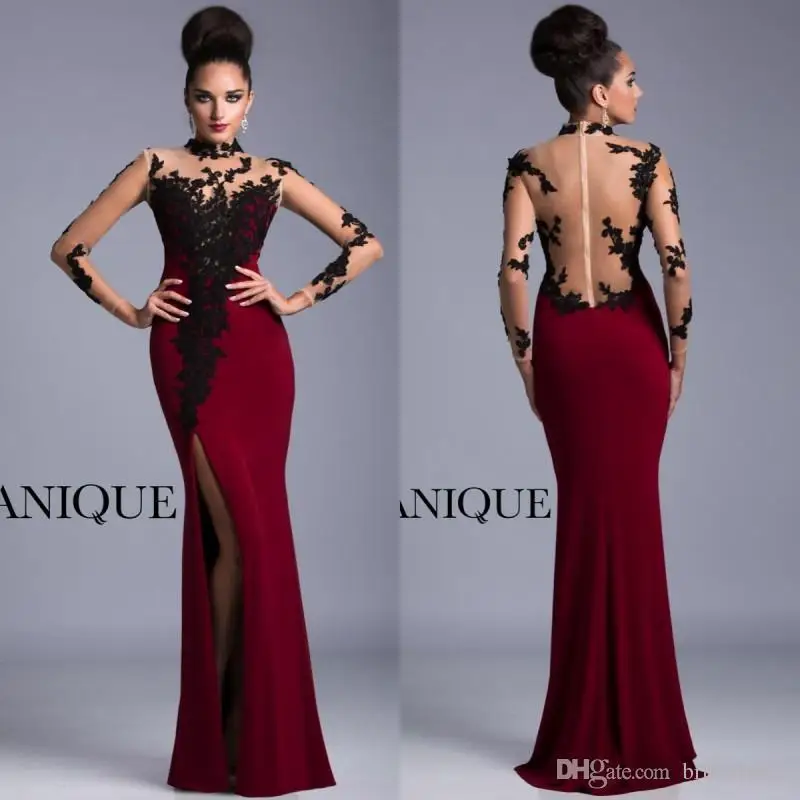 

2018 Long Mermaid High Neck Elegant Burgundy and Black Long Sleeves Lace Formal Gown robe de soiree mother of the bride dresses