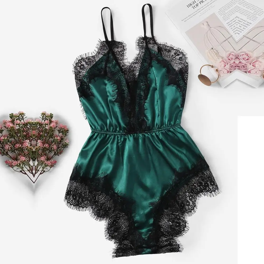

Women Lingerie Hollow Satin Lace Bra Patchwork Bodysuit Sexy Underwear Siamese Babydoll Sleepwear deguisements femmes #25