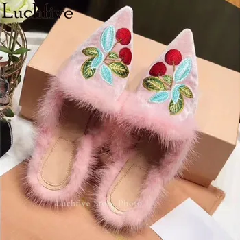 

Embroidery Wool Women Slippers Pointy Toe Mule Slides Ladies Shoes Runway Pink Flat Shoes Women