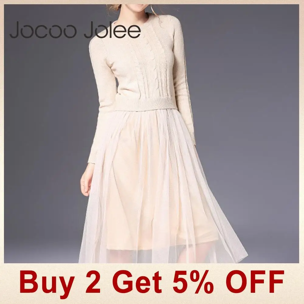 Jocoo Jolee, осенне-зимнее платье, элегантное женское платье с круглым вырезом, свитер с длинным рукавом, трикотажное платье миди с высокой талией, Сетчатое теплое женское платье