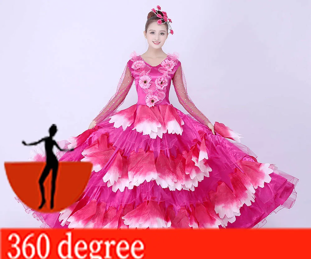rose red 360 Фламенко платье Испанский танцевальный костюм для Бальных и сценических танцев коррида костюмы лепесток испанское фламенко хор платье 360 540 720 градусов - Цвет: rose red 360