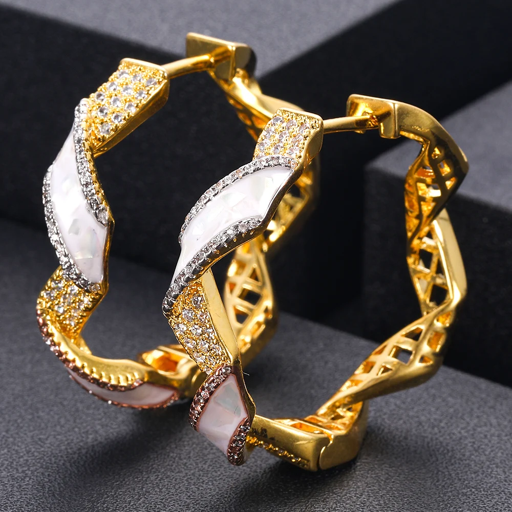 

janeklly trendy Geometric bambo Hoop Earrings For Women Accessories Full Cubic Zirconia Earrings Jewelry pendientes mujer moda