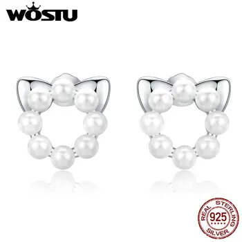 

WOSTU Authentic 925 Sterling Silver Pearl Kitty Stud Earrings For Women Jewelry Lovely Cat Ears & Pearl Head Earrings CQE688