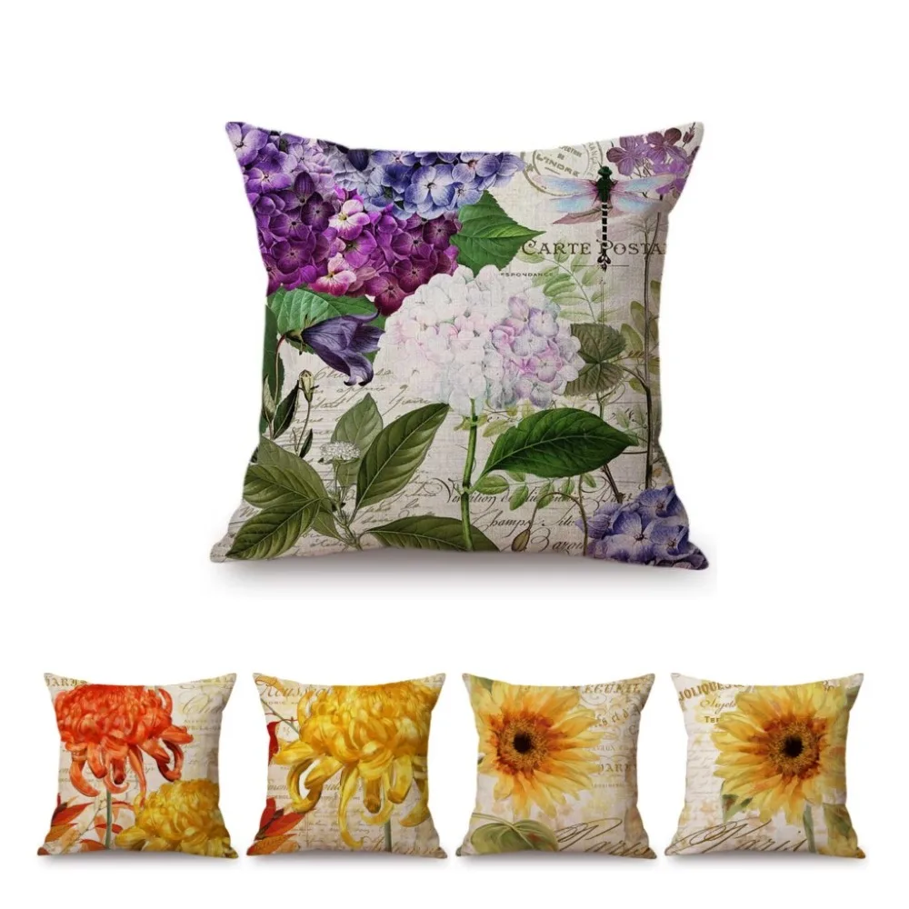 

Hydrangea Sunflower Chrysanthemum Art Poster Style Home Decorative Sofa Throw Pillow Case Floral Flower Vintage Cushion Cover