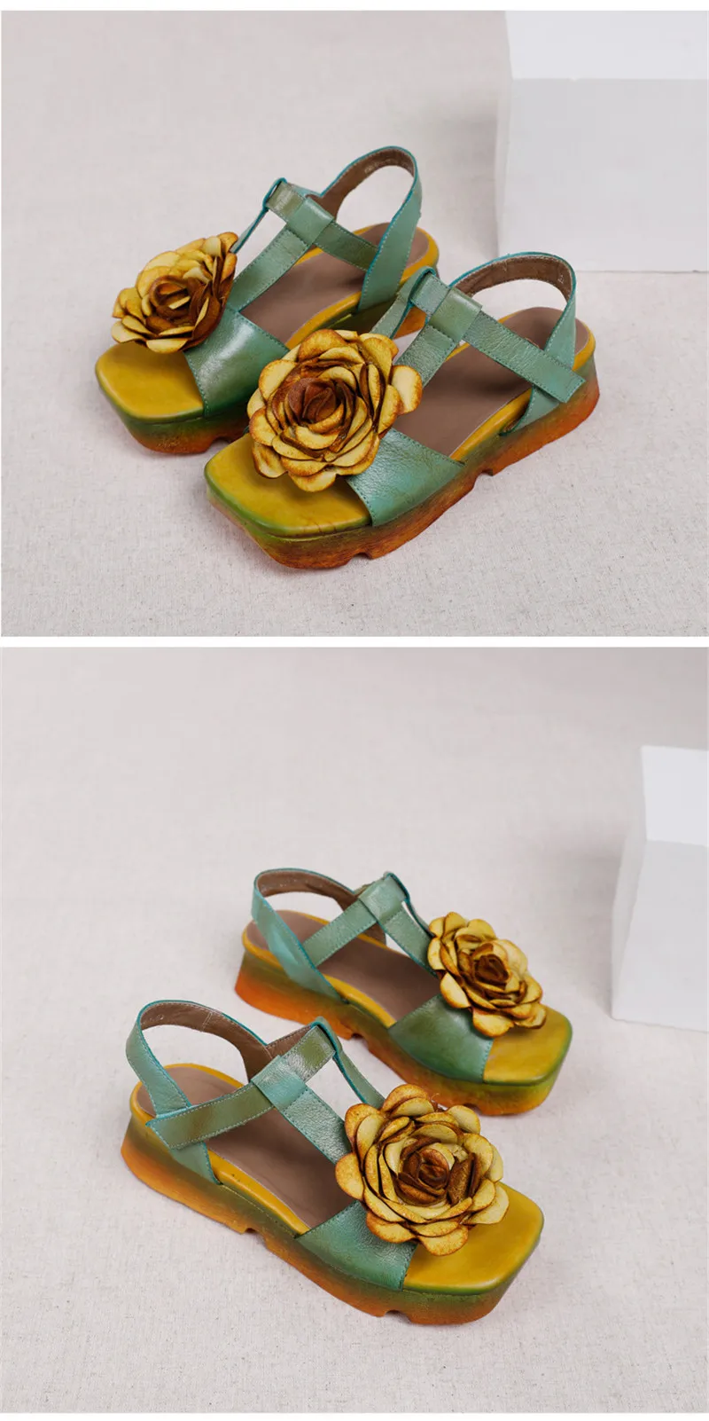 Genuine Leather Hand Painted Women Wedge Sandals Retro Flower Soft Ankle Strap Platform Sandal Retro Summer Lady Shoes High Heel (10)