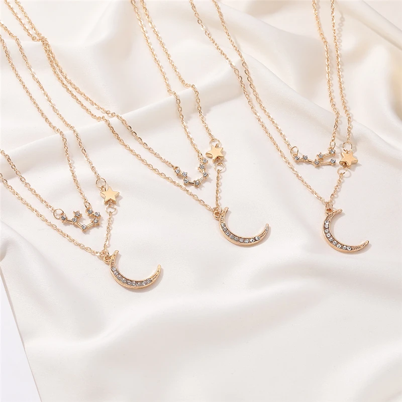 

Twelve Constellations 12 Zodiac Signs Gold Necklace Pendant Women Rhinestone Double Star Moon Clavicle Chain Jewelry