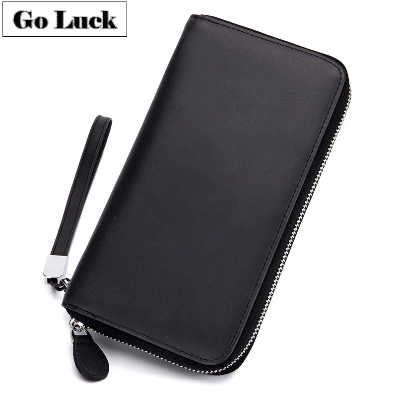 

GO-LUCK Brand Genuine Leather Passport Cell Phone Clutch Wallet Men Zipper Wristband Credit ID Cardholder Wallets Women Purse