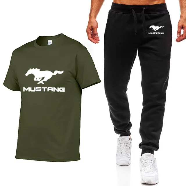 Модные летние мужские футболки Mustang с логотипом автомобиля, в стиле хип-хоп, повседневные, хлопковые, с коротким рукавом, высокое качество, футболка+ штаны, костюм, одежда - Цвет: as picture