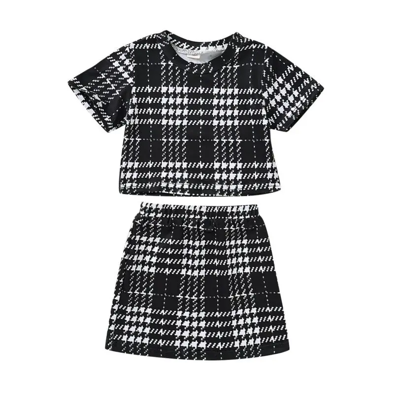 

Princess Toddler Baby Girls Kids Clothes Sets Plaid Print T-shirt Tops + Mini A-Line Skirt Outfits
