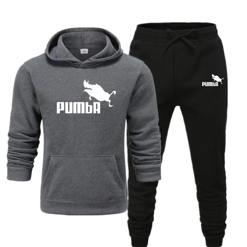 B-dark gray black Новые модные мужские толстовки Пумба костюмы брендовый спортивный костюм для мужчин/женщин толстовки+ тренировочные брюки осень зима флис пуловер с капюшоном - Цвет: B-dark gray black