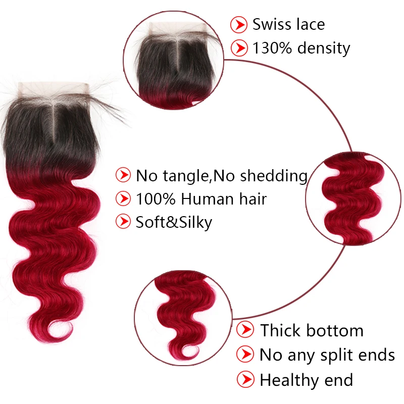 1B 99J/Burgundy Human Hair Bundles With Closure 4x4 Brazilian Body Wave 3 Bundles With Closure Non-Remy Hair Weave Bundles SOKU