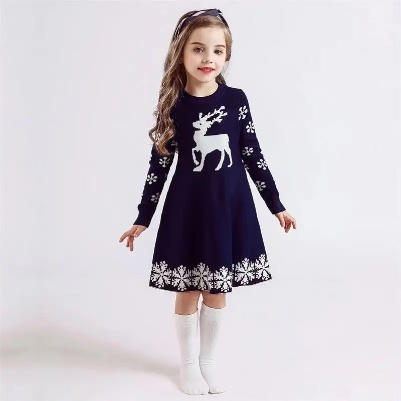 Children Girls Clothes Christmas WInter Knitted Teen Xmas Girl's Long Sleeve Sweater Dresses 5 6 7 8 9 10 11 12 13 14 Years | Детская