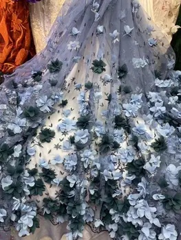 

Nigeria Wedding Lace Fabric 2020 High Quality BLUIE 3D Flowers With Beads Lace Fabric Fine Design African Lace Fabric YYZ78