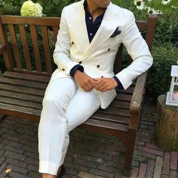 

Latest Peak Design Ivory Mens Business Suits Double Breasted Slim Fit Groom Wear Tuxedos 2Pcs(Jacket+Pants)Costume Homme Blazer