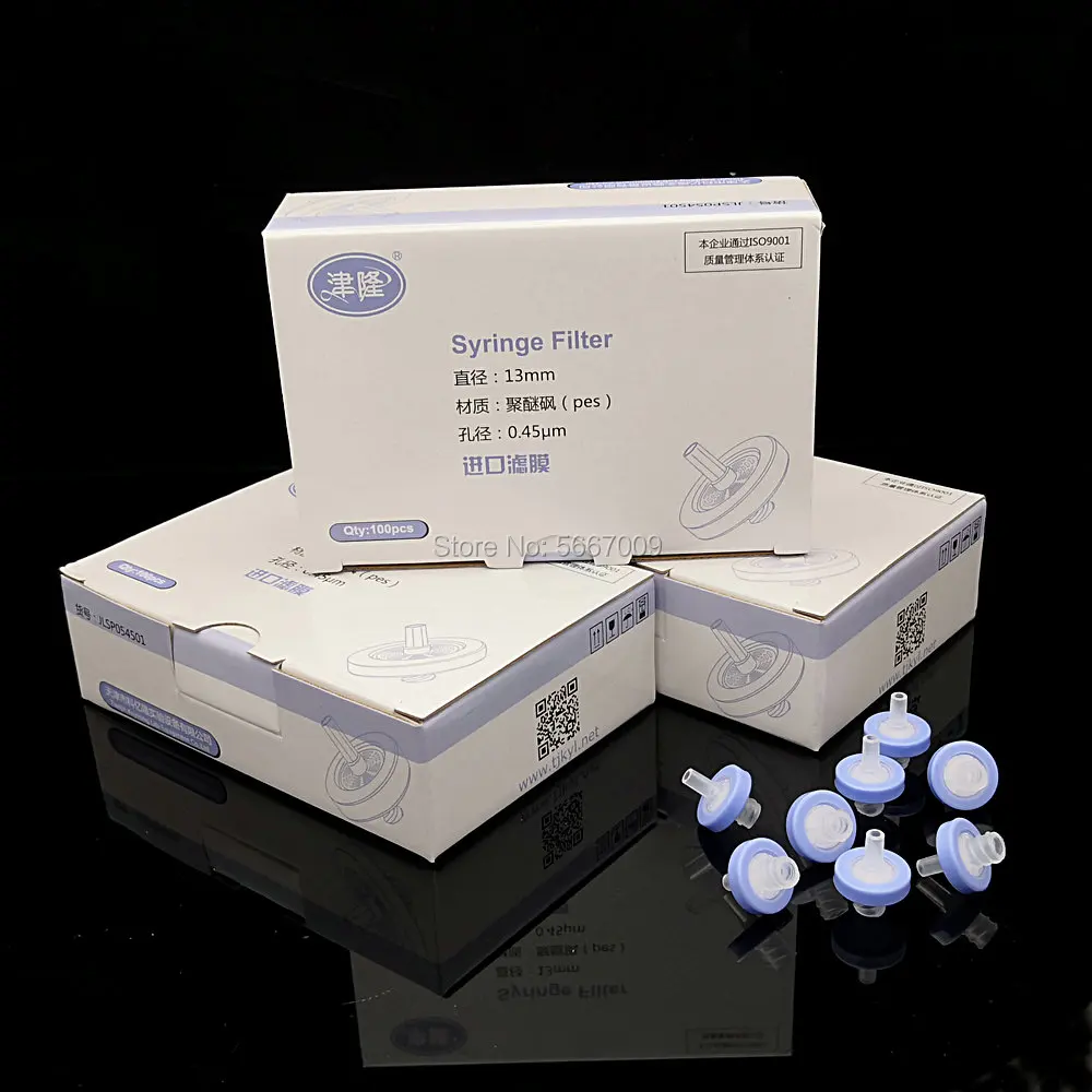 Laboratorio de 13mm 25mm, material de nailon/PES/PTFE/MCE/fibra de vidrio, membrana de miliporo, filtro de jeringa 100/0.45um, tamaño de poro, 0,22 unids/lote