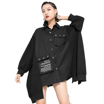 

QING MO Black Women Irregulr Blouse 2020 Popular Women Plus Size Loose Blouse Female Letter Printed Blouse ZQY3023