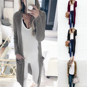 

Women Slim Knitted Cardigan Long Coats 2020 Autumn Winter V-Neck Long Sleeve Solid Stripe Pocket Jacket Elegant Lady Streetwear