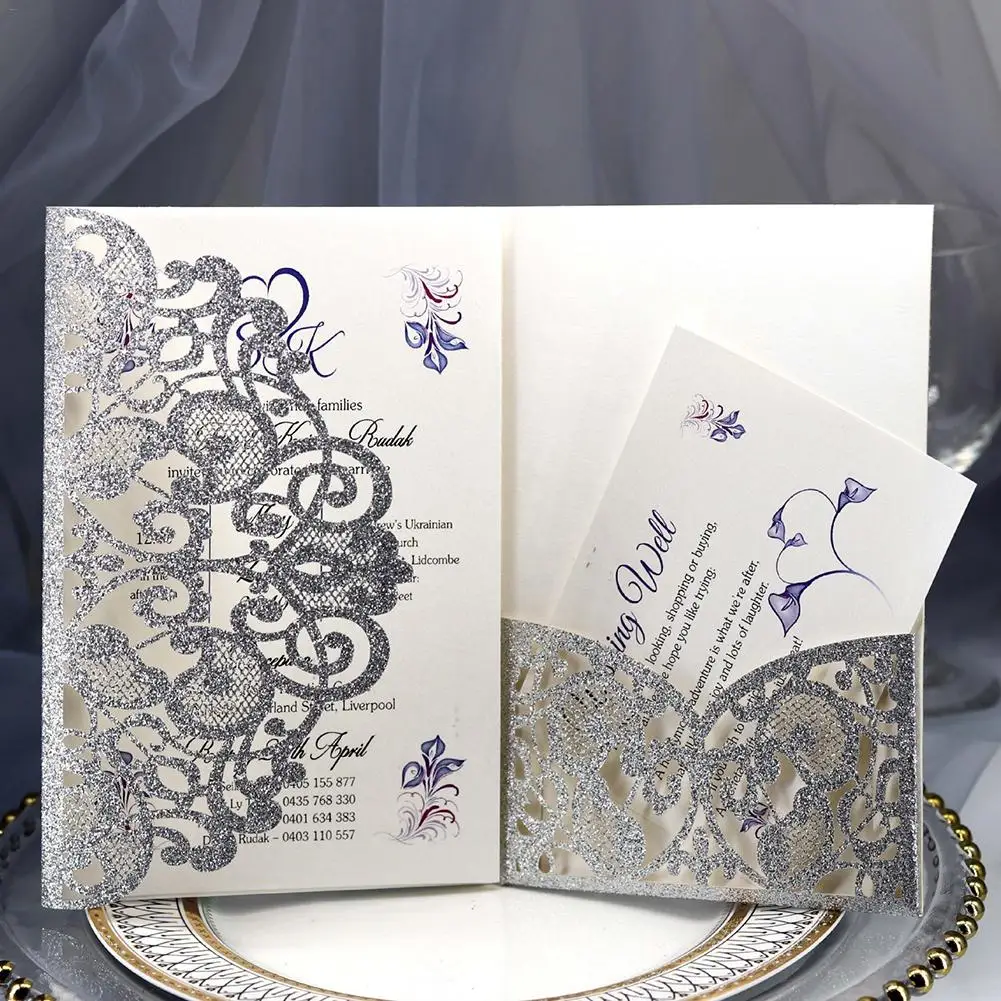  10PCS European Style Glitter Invitations Laser Cut Wedding Invitations Cards Festive Greeting Cards - 4.00015E+12