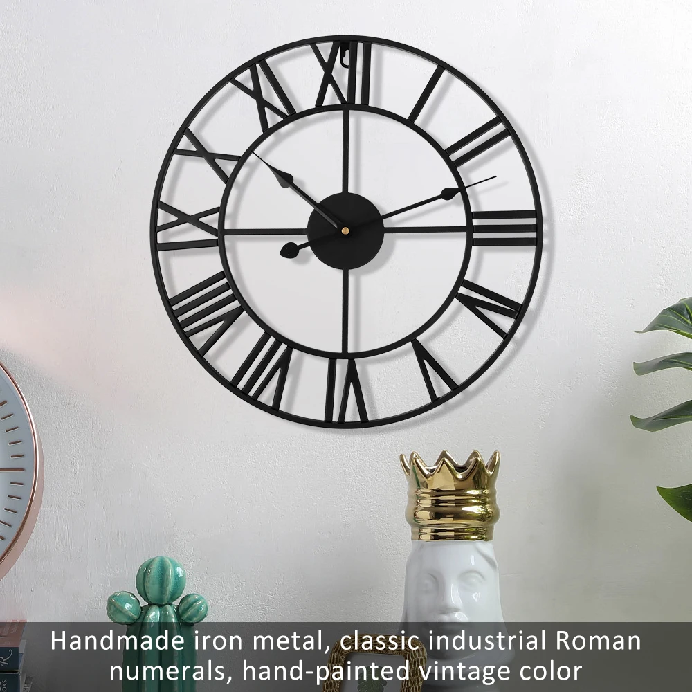 40 см большие наружные садовые настенные часы скандинавские металлические римские цифры настенные часы Ретро железные круглые черные украшения для дома и офиса