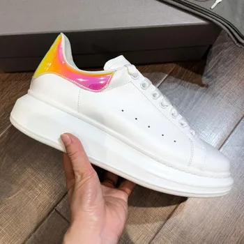 

Laser Bright Shiny Colorful Tail Women Casual Shoes Genuine Leather White Shoes Lace Up Thick Heel Flats Platform Leisure Shoes