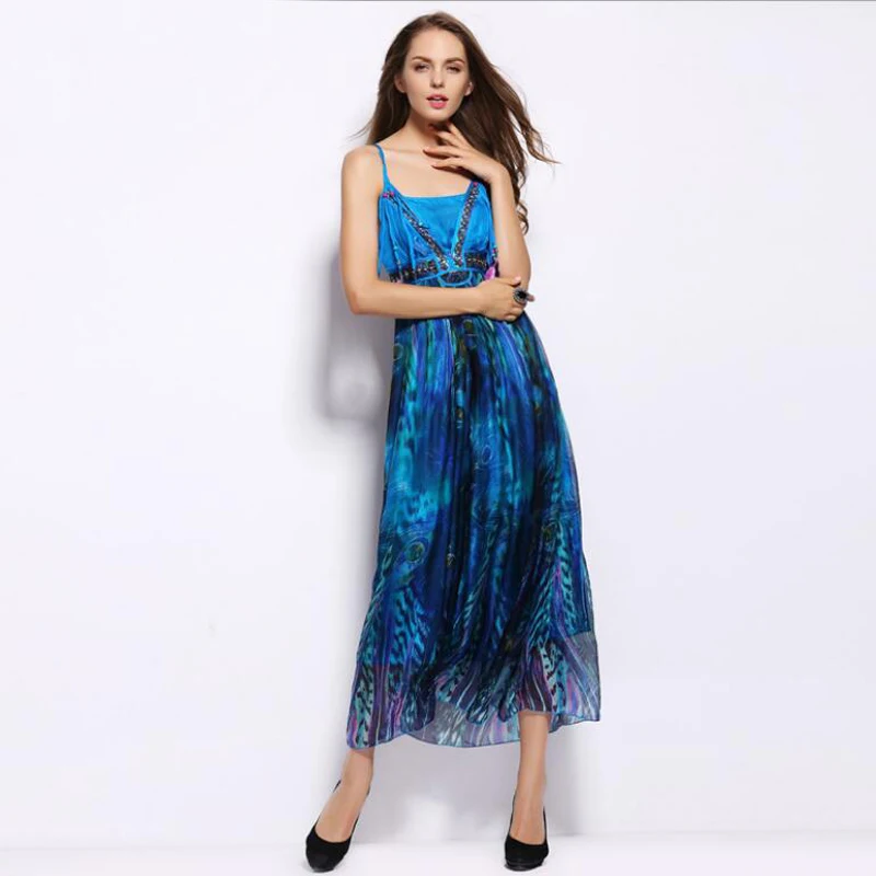 

Women's 100% Pure Silk Dress Sexy sleeveless Long Party Sea Blue Print Beach Dresses Women Natural Fabric High Quality Hot Sell