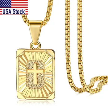 

New Square Christian Cross Pendant Necklace Gold Color Jesus Christ Crucifix Charm Stainless Steel Box Chain for Men Women GP422