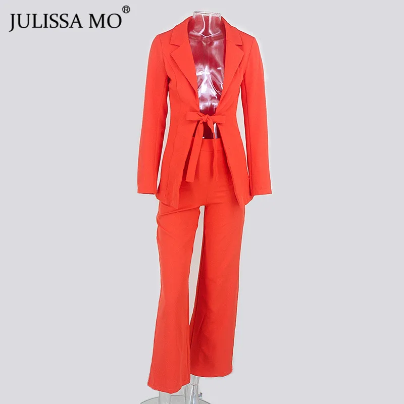 Julissa mo розовый Офис Леди Блейзер Костюмы для женщин осень зима из двух частей куртка длинные брюки комплект мода на шнуровке бизнес наряды - Цвет: orange