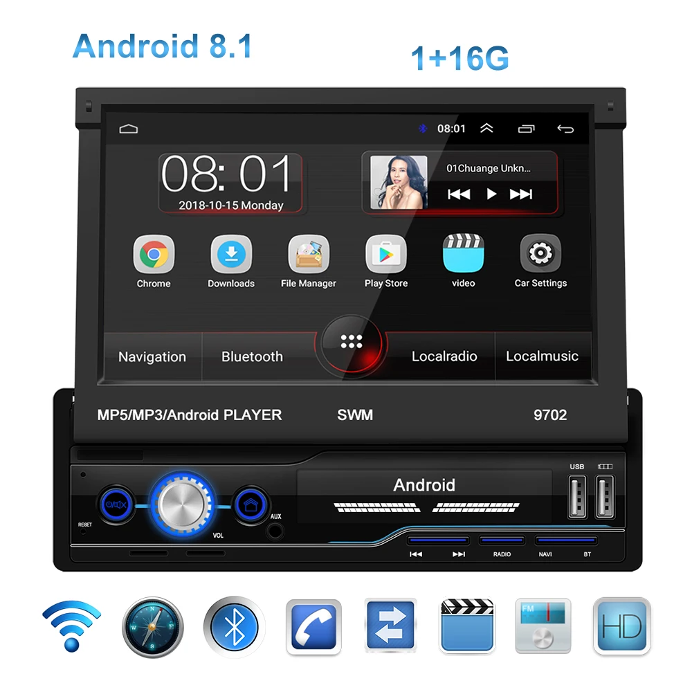

7 Inches Universal 1 Din Stereo Receiver Car Radio GPS Navigation 1G+16G Rotatable Screen Car Multimedia Player with Android 8.1