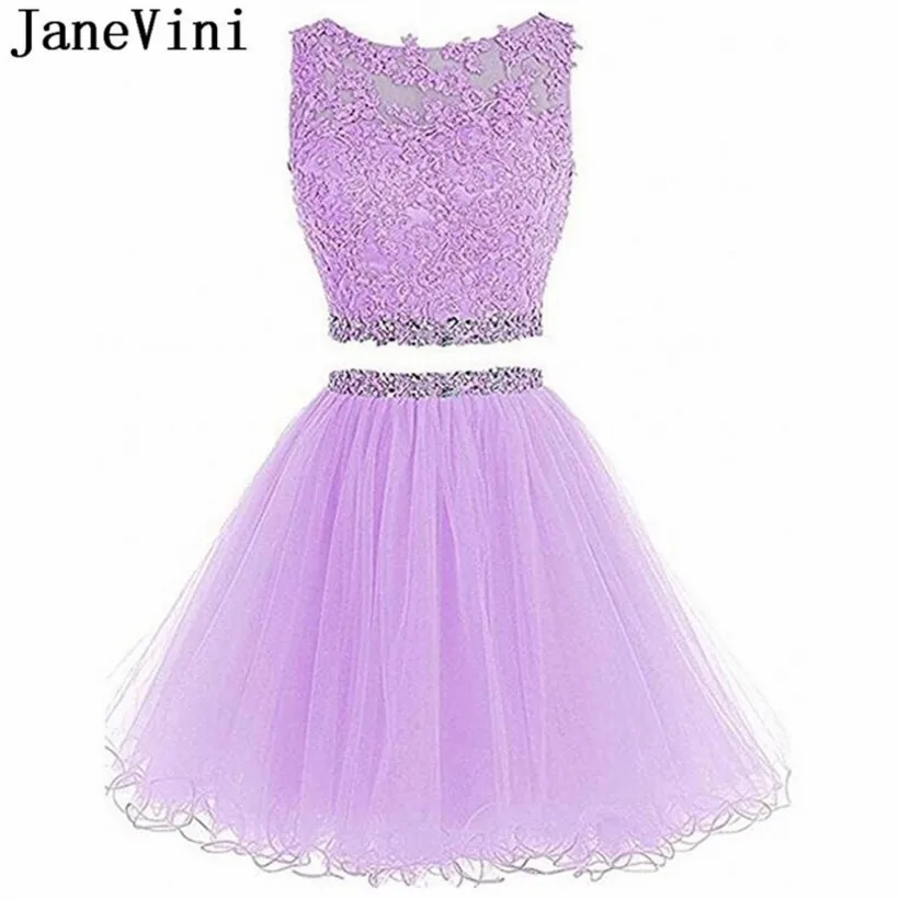 

JaneVini Lavender Tulle Short Homecoming Dresses with Beading Crystal 2 Pieces Lace Appliques Party Prom Gowns sukienka z tiulem