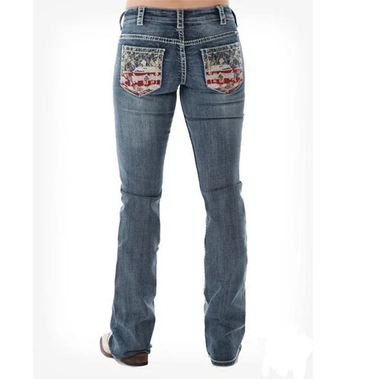 Women's Jeans Printed Washed Flare Women's Jeans Trousers Wide Leg Jeans