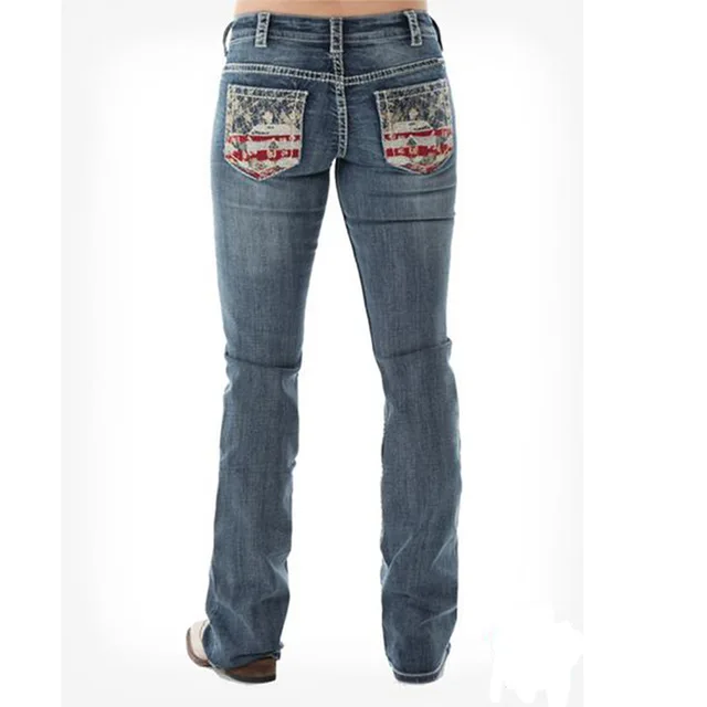 Women's Jeans Printed Washed Flare Women's Jeans Trousers Wide Leg Jeans A