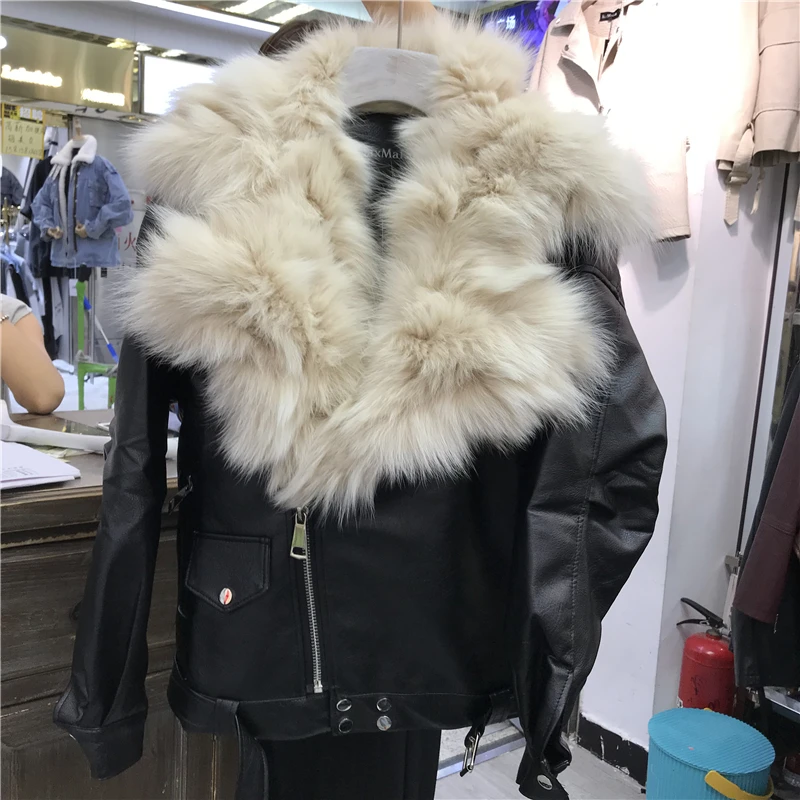 Куртка из искусственной кожи с воротником из натурального Лисьего меха, зимнее пальто с подкладкой, женское короткое кожаное пальто, женская байкерская куртка Veste Cuir Femme