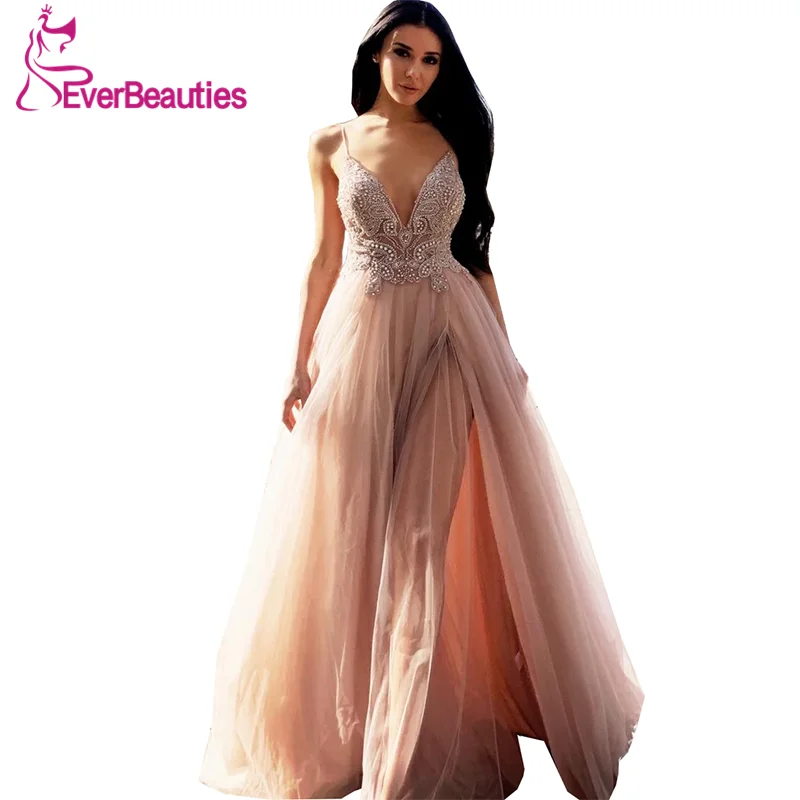 Vestido Formatura, платья на тонких бретельках для выпускного вечера, длинные тюлевые кружевные аппликации из бисера, Vestidos De Gala, платье с Боковым Разрезом