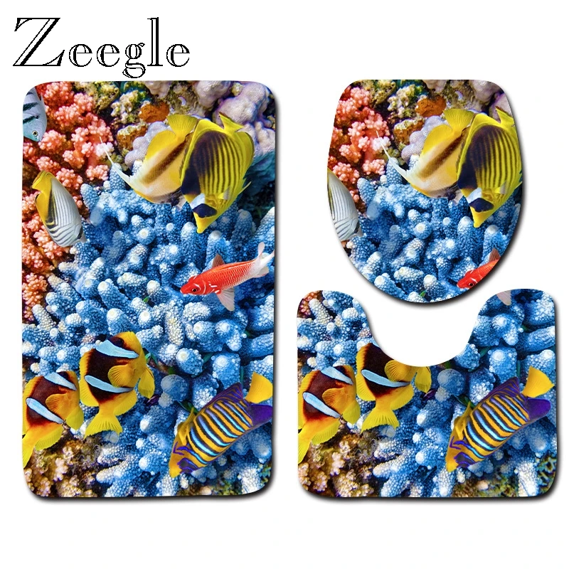 Zeegle Under Water World Bath Mat Set Bathroom Doormat Entrance Mat Lid Toilet Cover Washable Toilet Rug Set Soft Foot Mat