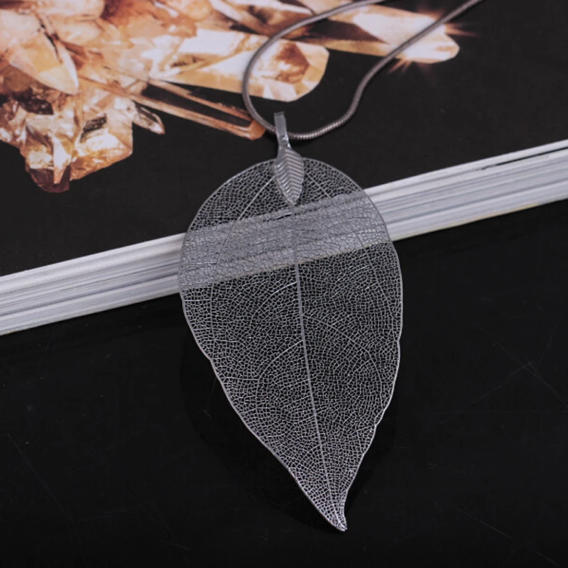 Fashion Jewelry Maxi Necklace Rose Gold Color Chain Real Leaf Charm Design Pendant Necklaces & Pendants Women collier femme Gift